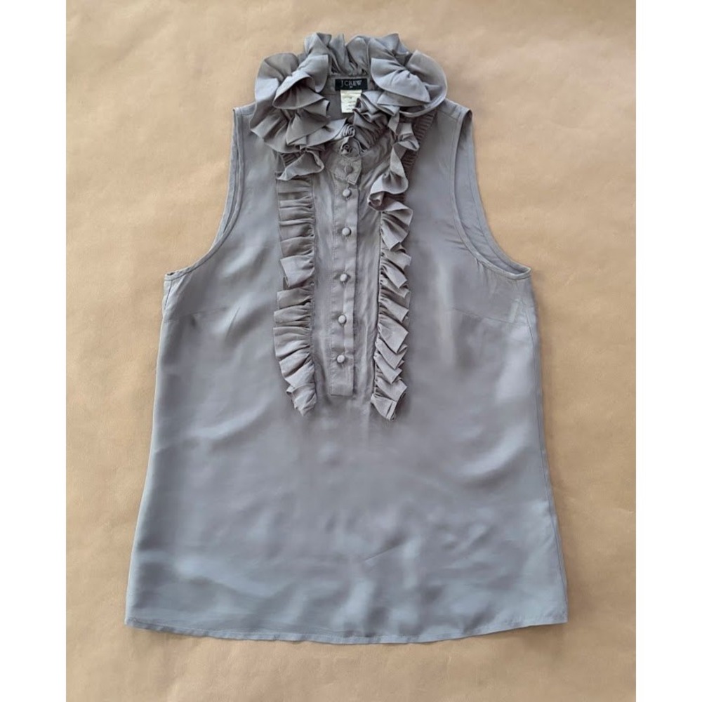 J.Crew Womens Gray 100% Silk Ruffle Neck Sleeveless Top Size 0 Coquette Luxury